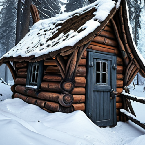 **Baba Yaga's Hut:** A crooked, chicken-legged hut standing deep within a snow-covered forest. Smoke curls from the chimney. The hut is surrounded by a fence made of human bones. A gnarled old woman (Baba Yaga) with a hooked nose peers out of a window. Eerie and magical atmosphere.