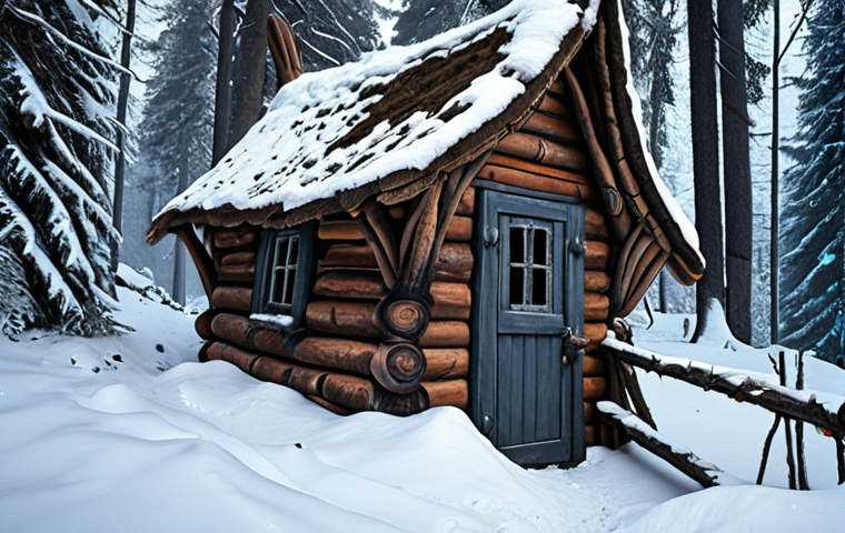 **Baba Yaga's Hut:** A crooked, chicken-legged hut standing deep within a snow-covered forest. Smoke curls from the chimney. The hut is surrounded by a fence made of human bones. A gnarled old woman (Baba Yaga) with a hooked nose peers out of a window. Eerie and magical atmosphere.