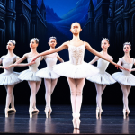**A grand Russian ballet performance:** Capture the elegance and precision of a Russian ballet performance, possibly featuring "Swan Lake" or "The Nutcracker". Focus on the dancers' graceful movements, elaborate costumes, and the overall theatrical atmosphere.