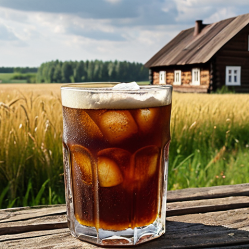 **Image Prompt:** A refreshing glass of Kvass with ice, condensation visible on the glass. In the background, a rustic Russian countryside scene with fields of rye and wooden houses. Focus on the drink and the natural, healthy aspects of Kvass.