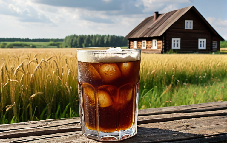 **Image Prompt:** A refreshing glass of Kvass with ice, condensation visible on the glass. In the background, a rustic Russian countryside scene with fields of rye and wooden houses. Focus on the drink and the natural, healthy aspects of Kvass.