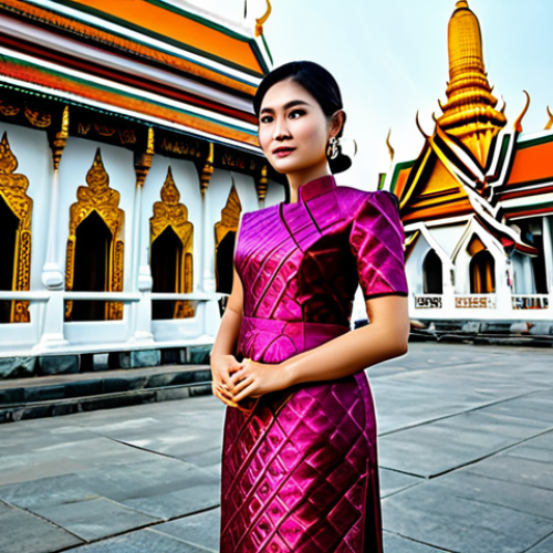 Home 23 **
A professional Thai woman in a modest, tailored silk dress, showcasing traditional Thai patterns, standing gracefully in front of Wat Arun (Temple of Dawn) in Bangkok, fully clothed, appropriate attire, safe for work, perfect anatomy, natural proportions, professional photography, high quality.
**